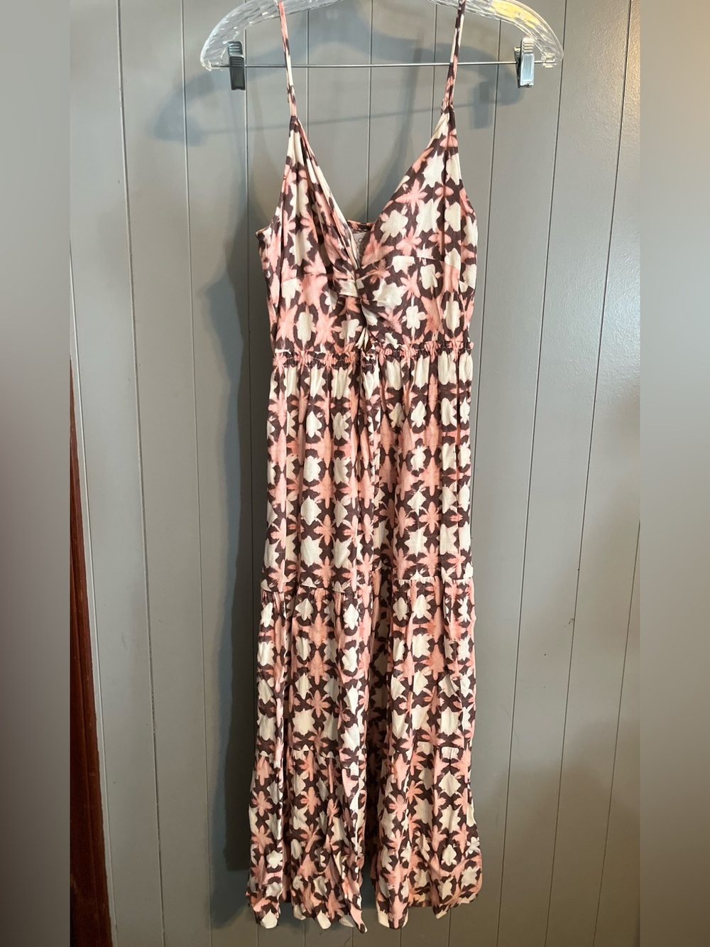 LOFT sun-washed floral batik print twist-front midi dress